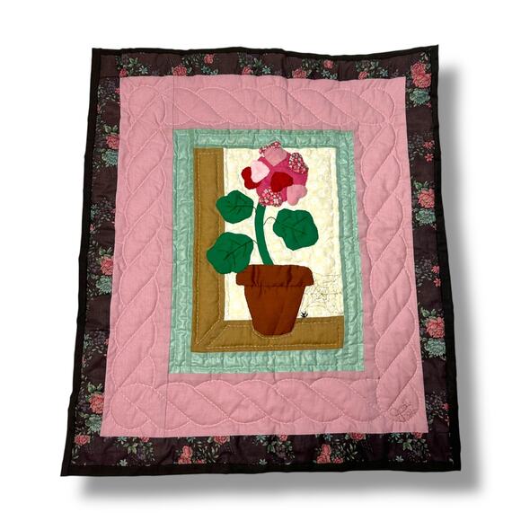 Cottagecore Hand Quilted & Appliqué Wall Hanging Flower Pot w/ Spider CUTE 90s - Picture 1 of 7